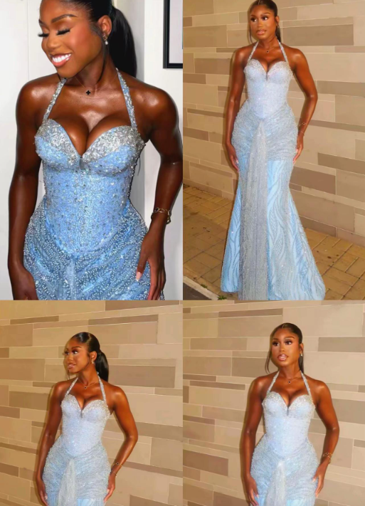 Luxurious Sparkling Light Blue Halter Mermaid Beaded Tulle Long Prom Dress Evening Dress