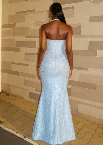 Luxurious Sparkling Light Blue Halter Mermaid Beaded Tulle Long Prom Dress Evening Dress