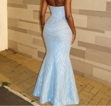 Luxurious Sparkling Light Blue Halter Mermaid Beaded Tulle Long Prom Dress Evening Dress