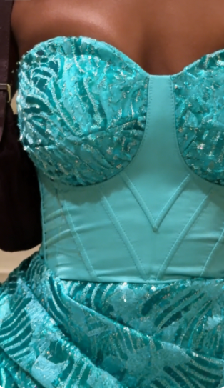 Vintage Lake Blue Strapless Beaded Jacquard Satin Long Prom Dress Evening Dress