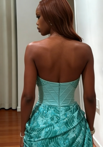 Vintage Lake Blue Strapless Beaded Jacquard Satin Long Prom Dress Evening Dress