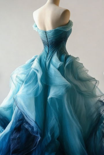 Vintage Ombre Blue Tulle Off The Shoulder Evening Dress,Formal Birthday Ball Gown