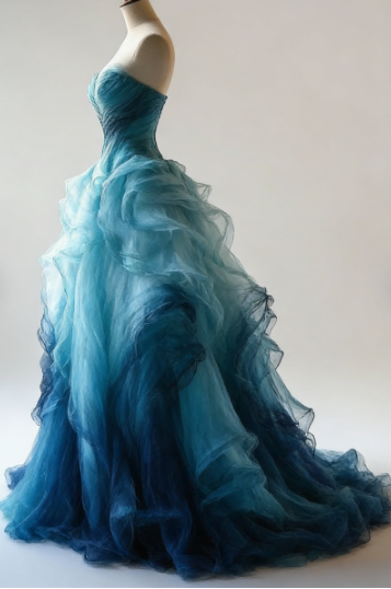 Vintage Ombre Blue Tulle Off The Shoulder Evening Dress,Formal Birthday Ball Gown