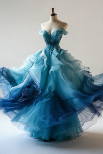 Vintage Ombre Blue Tulle Off The Shoulder Evening Dress,Formal Birthday Ball Gown