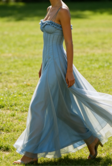 Vintage Blue Tulle A Line Party Gown,Spaghetti Straps Prom Evening Dress