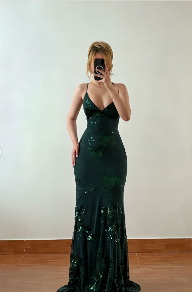 Beautiful Dark Green Mermaid V-Neck Cross-Strap Sequined Long Prom Dress Evening Dress