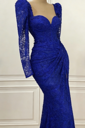 Royal Blue Vintage Prom Dress Long Sleeves Evening Dress