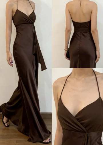 Sexy Brown V Neck Satin Evening Dress Long Party Prom Dress