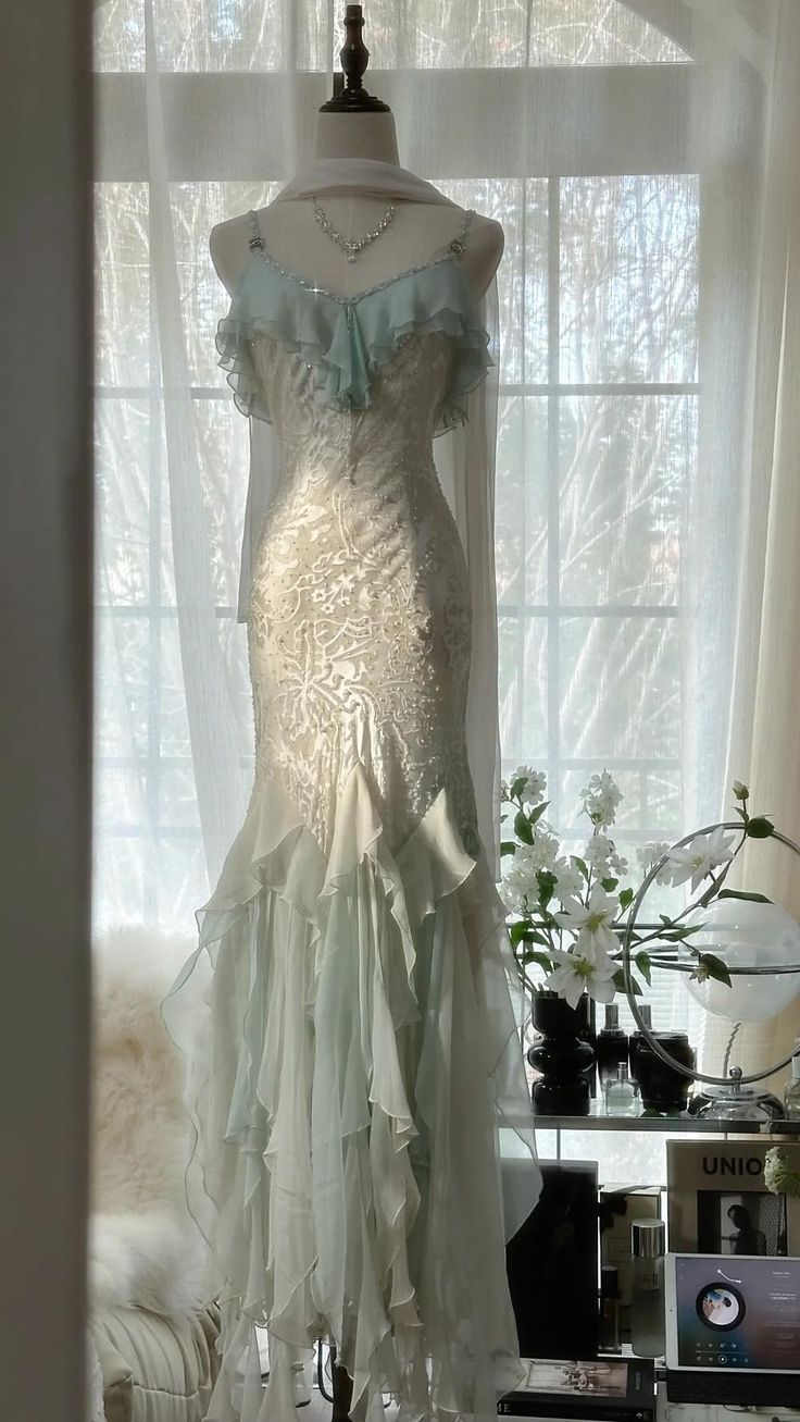 Classy Light Green Chiffon Beaded Mermaid Prom Dress,Spaghetti Straps Party Evening Dress