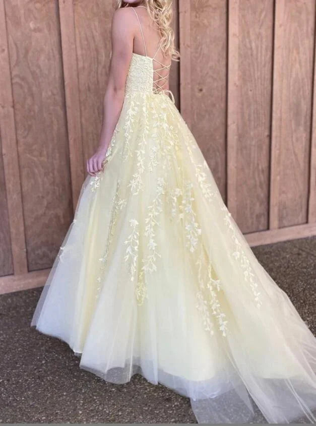 Sweet Yellow A-line Tube Top Embroidered Tulle Long Prom Dress Evening Dress