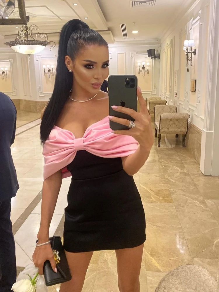 Sexy Big Bow Design Off the Shoulder Mini Dress Elegant Black Straples Pink Bowknot Bodycon Dress Homecoming Dress