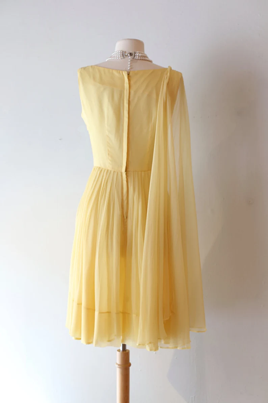 Chiffon Party Dress Vintage 60s Pale Yellow Cocktail Dress With Trailing Shoulder Sash