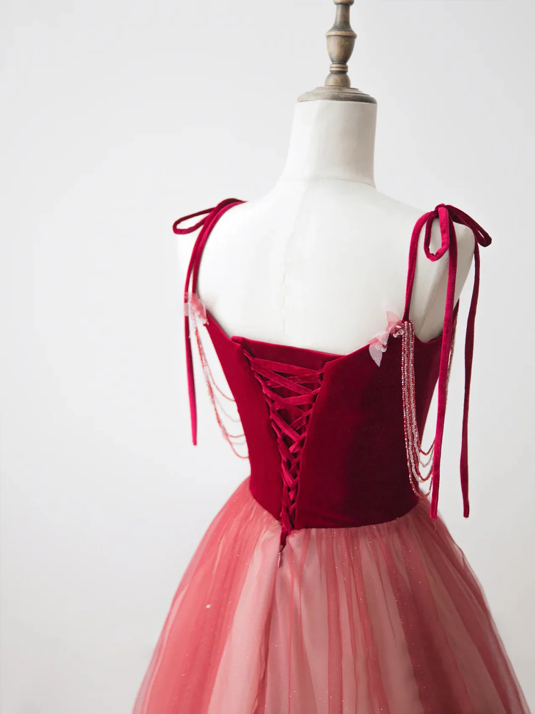 Burgundy Velvet Tulle Long Prom Dress, Beautiful A-Line Spaghetti Strap Evening Party Dress
