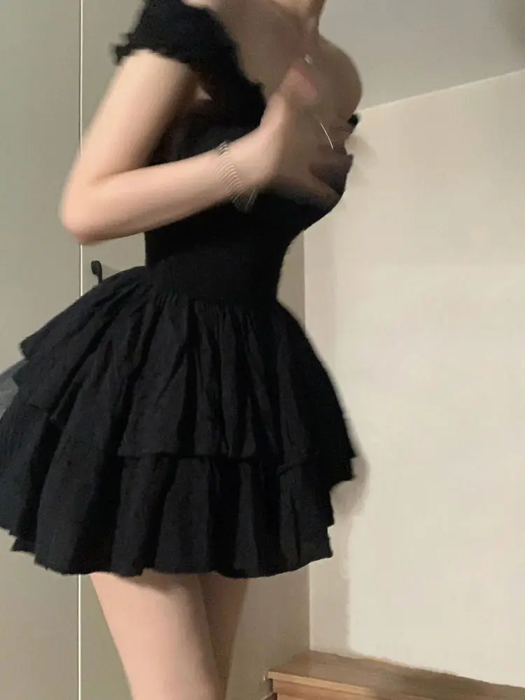 Black Mini Dress Women Vintage A-line Summer Sweet Homecoming Dress