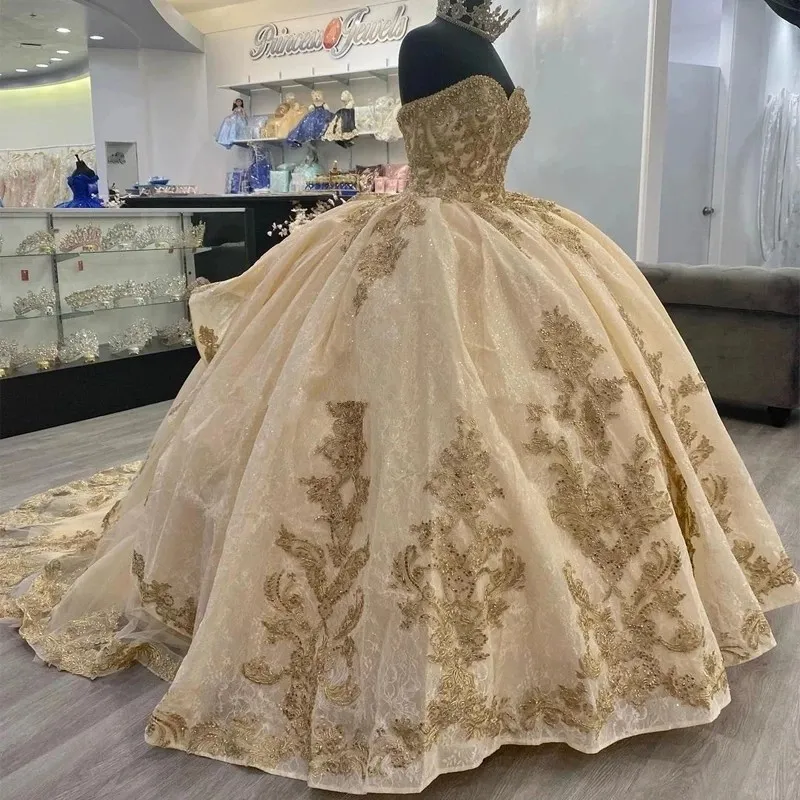 Quinceanera Dresses Sequined Lace Appliques Off Shoulder Lace-up Corset Princess prom vestidos de 15 anos