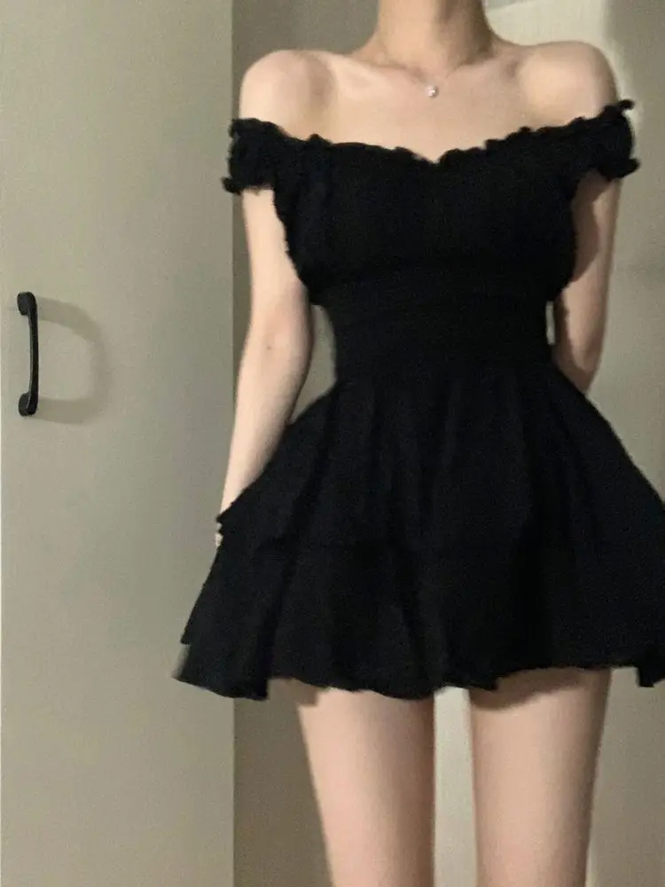 Black Mini Dress Women Vintage A-line Summer Sweet Homecoming Dress