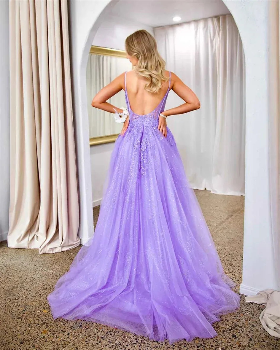 A-Line Prom Dress Spaghetti Straps Sequin Applique Tulle Evening Birthday Party Dress