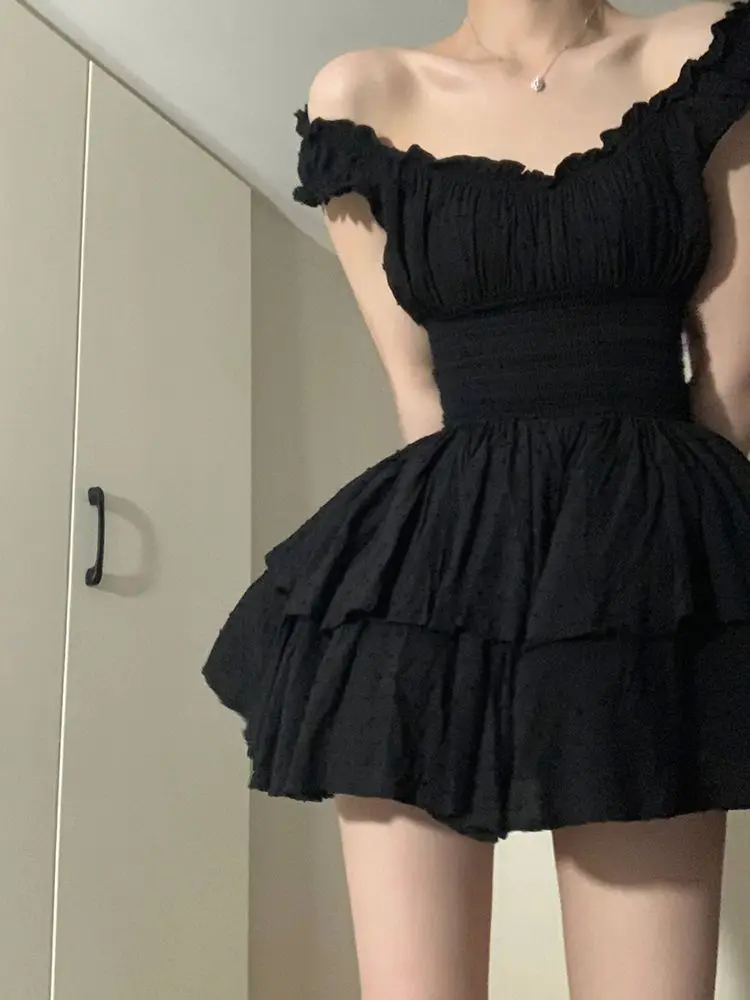 Black Mini Dress Women Vintage A-line Summer Sweet Homecoming Dress
