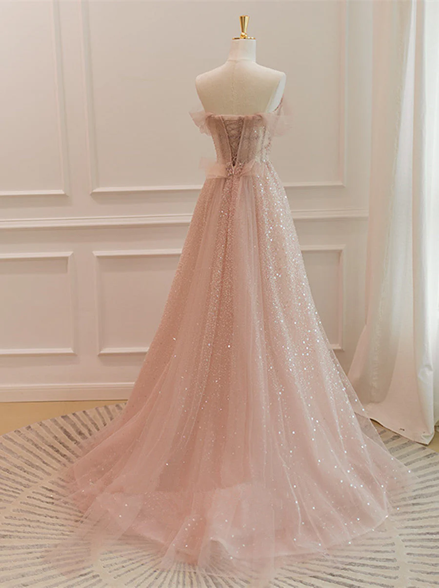 Sparkle Tulle with Beadings Long A-line Formal Dress, Tulle Sweetheart Prom Dress