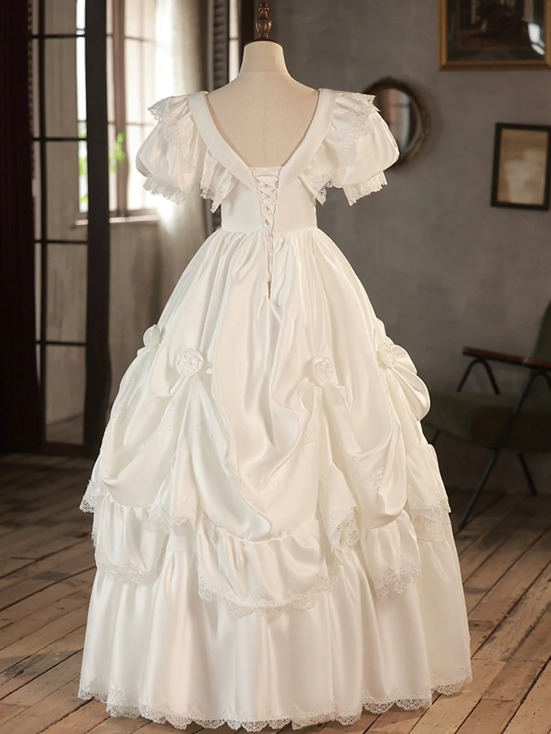 V-Neck Satin Long Prom Dress, Lace Wedding Dress