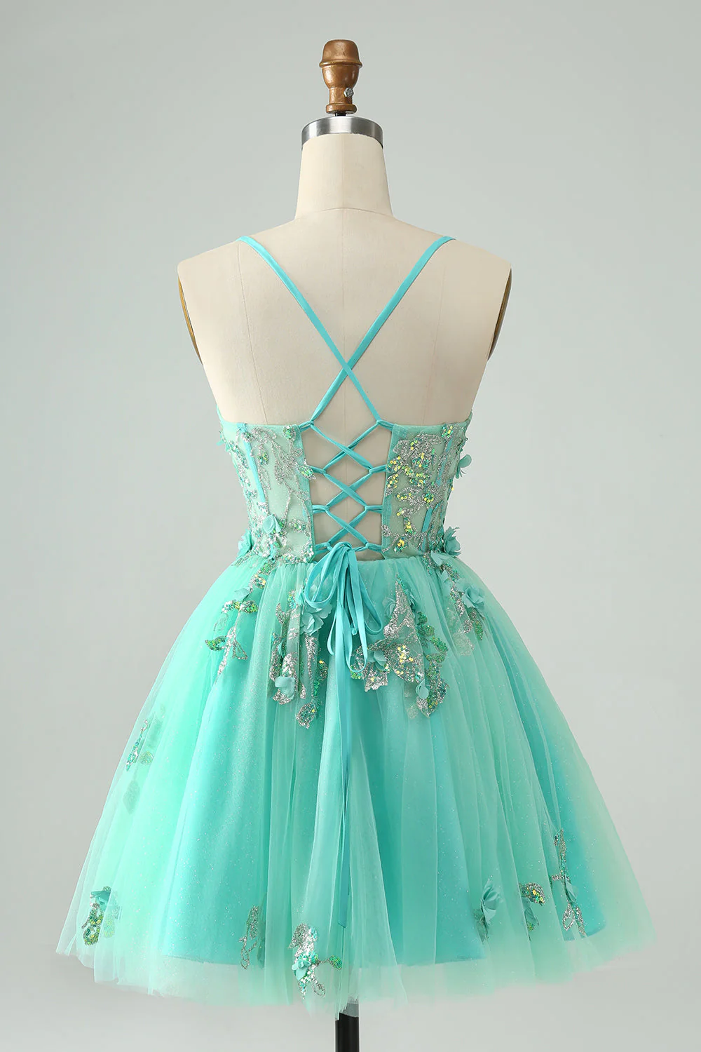 Sweet Green A Line Spaghetti Straps Corset Short Homecoming Dress with Appliques