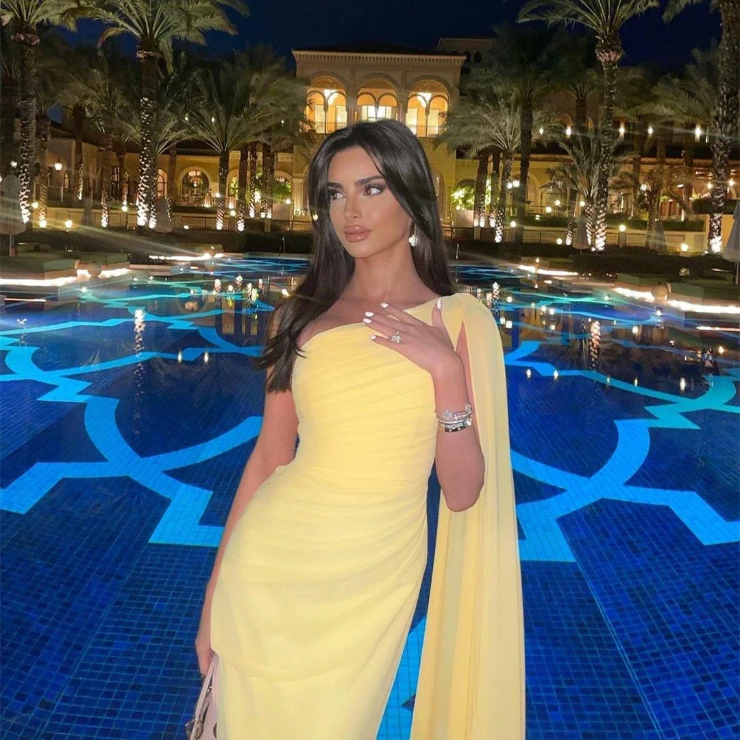 Yellow Chiffon One Shoulder Evening Dress Elegant Pleated Dubai Arabic Evening Gowns