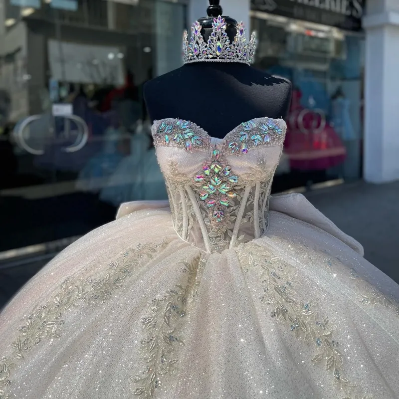 Luxury Ivory Sparkly Off-shoulder Quinceanera Dresses Crystal Birthday Party Prom Dress