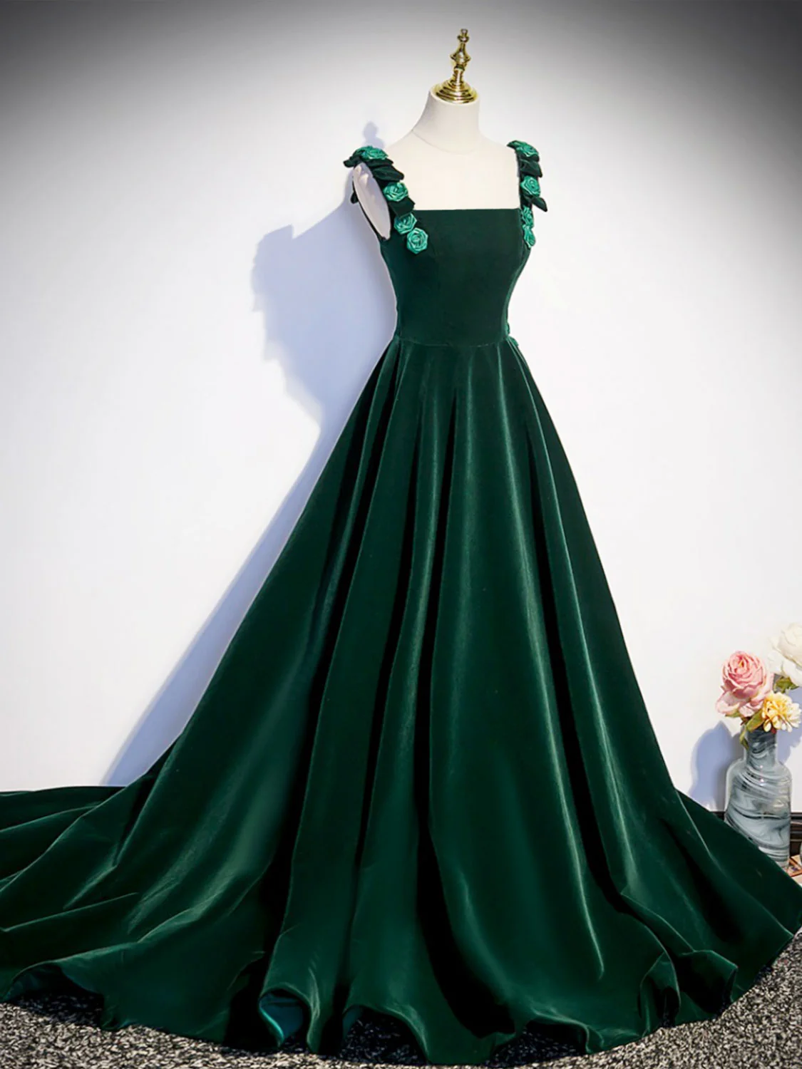 Prom Dresses,a-line Velvet Green Long Prom Dresses, Green Formal Evening Dresses