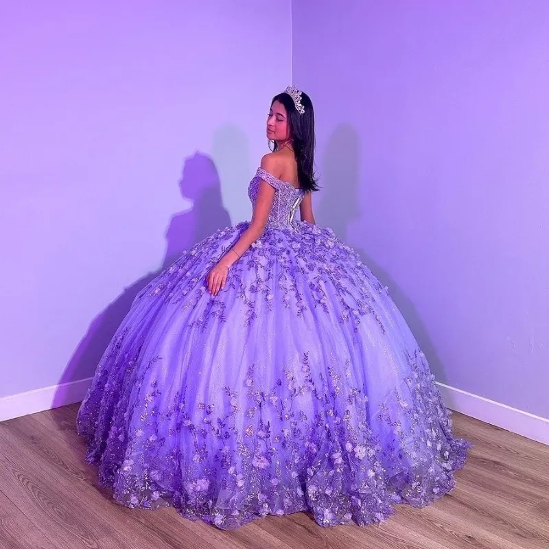 Purple Shiny Puffy Princess Quinceanera Dresses Off Shoulder Beads 3D Floral Gillter Sequins Lace-up Corset Vestidos 15 anos rosa