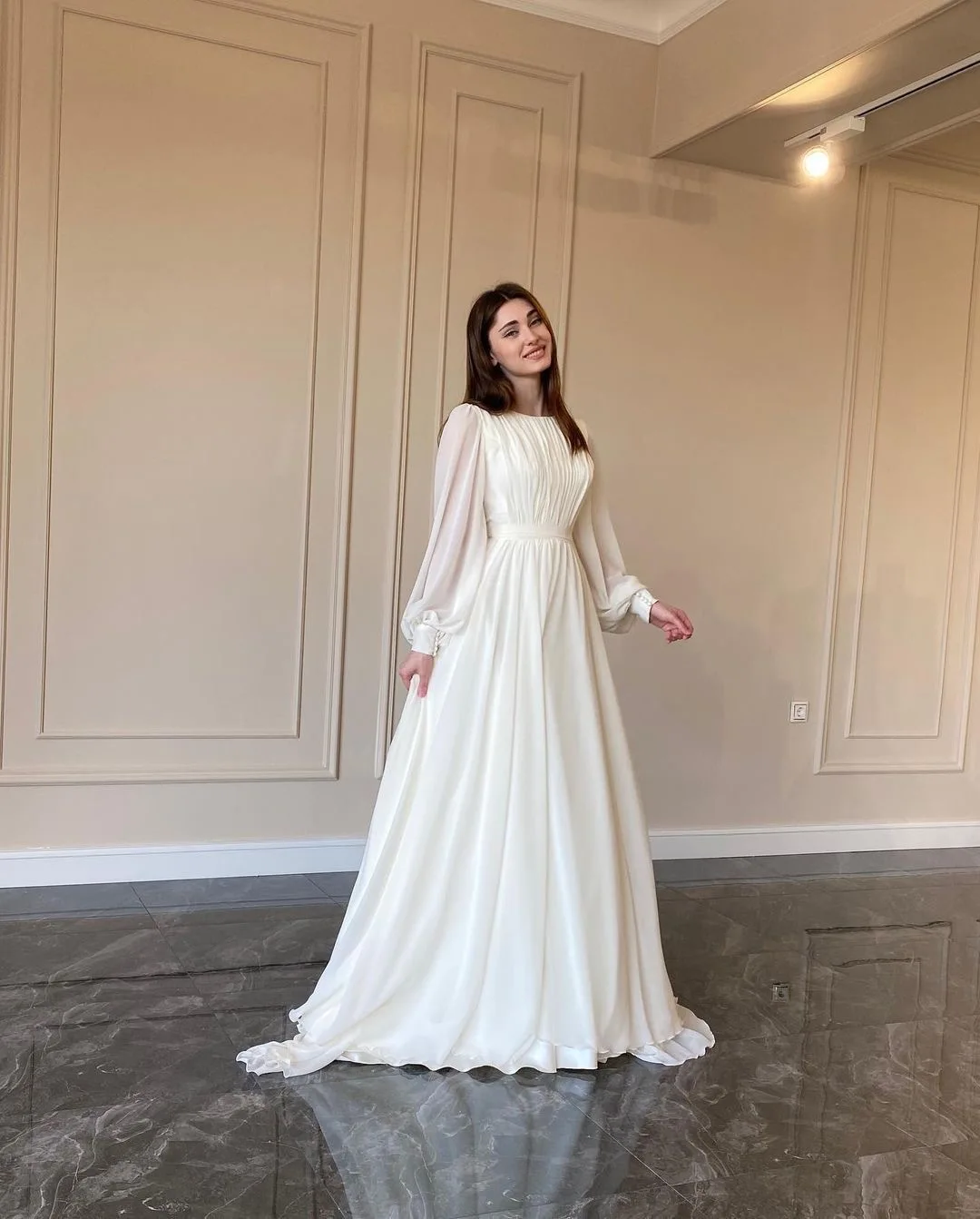 Women Elegant Pleated Lantern Sleeve Round Neck Maxi Dress Fashion Long Sleeve Party Evening Dress