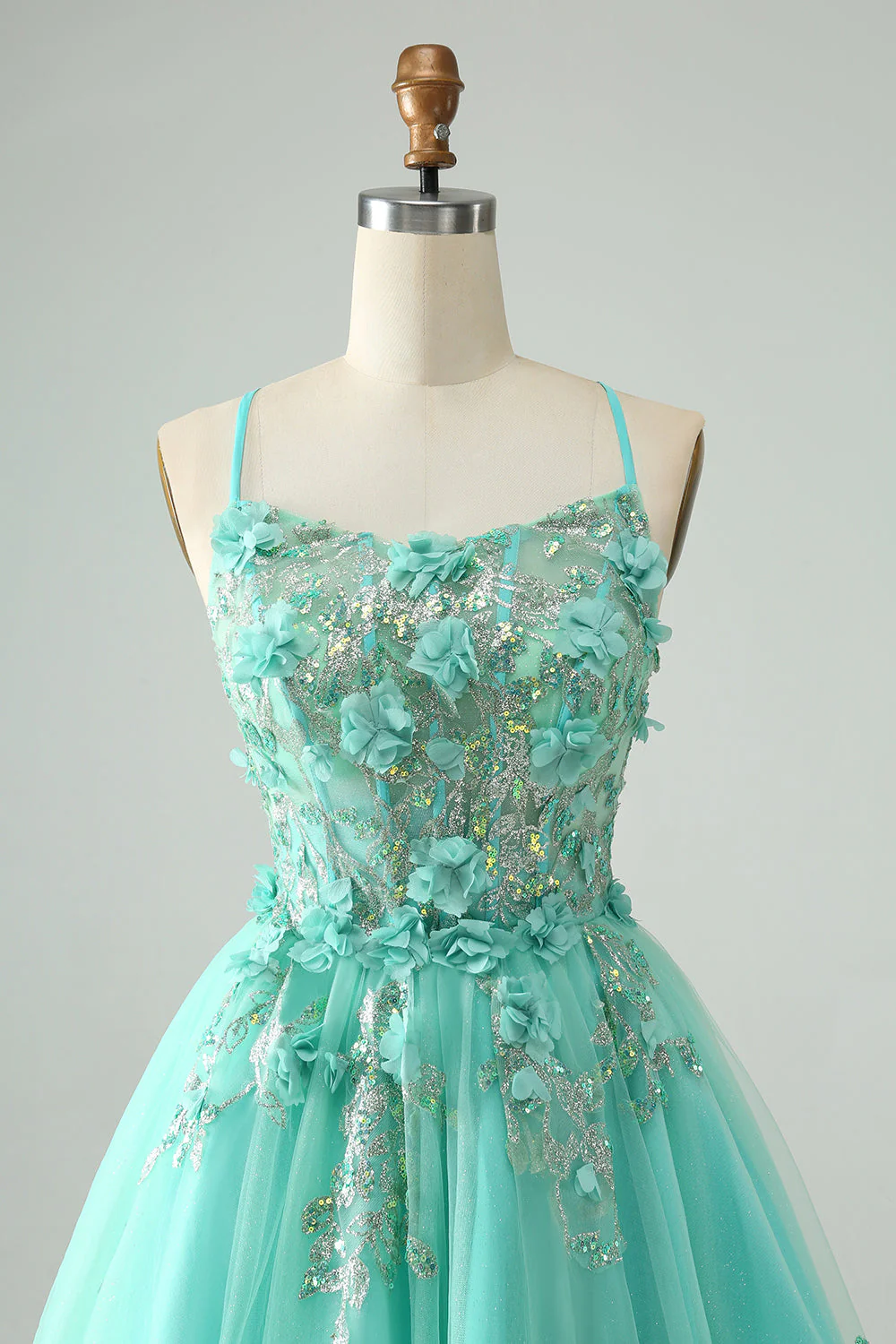 Sweet Green A Line Spaghetti Straps Corset Short Homecoming Dress with Appliques