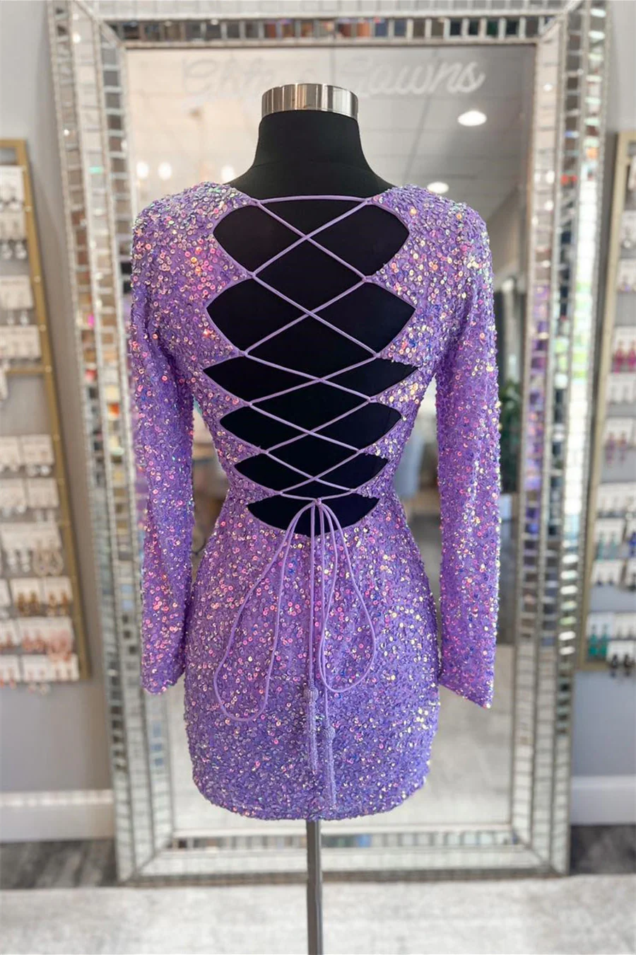 Lace-Up Sequins Plunging V Neck Long Sleeves Sheath Homecoming Dress
