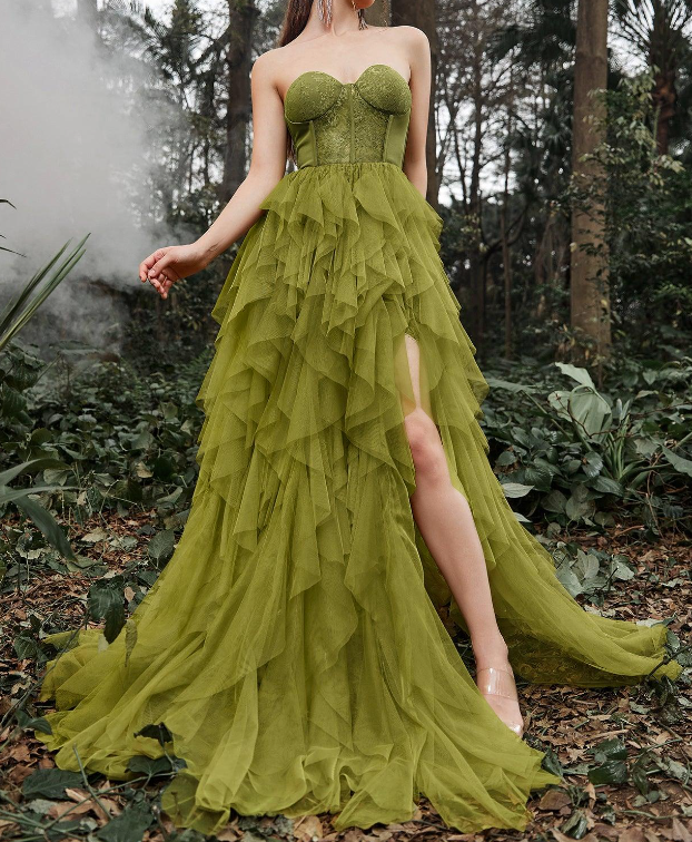 Elegant Lace Bodice Split Ruffle Layered Prom Dress
