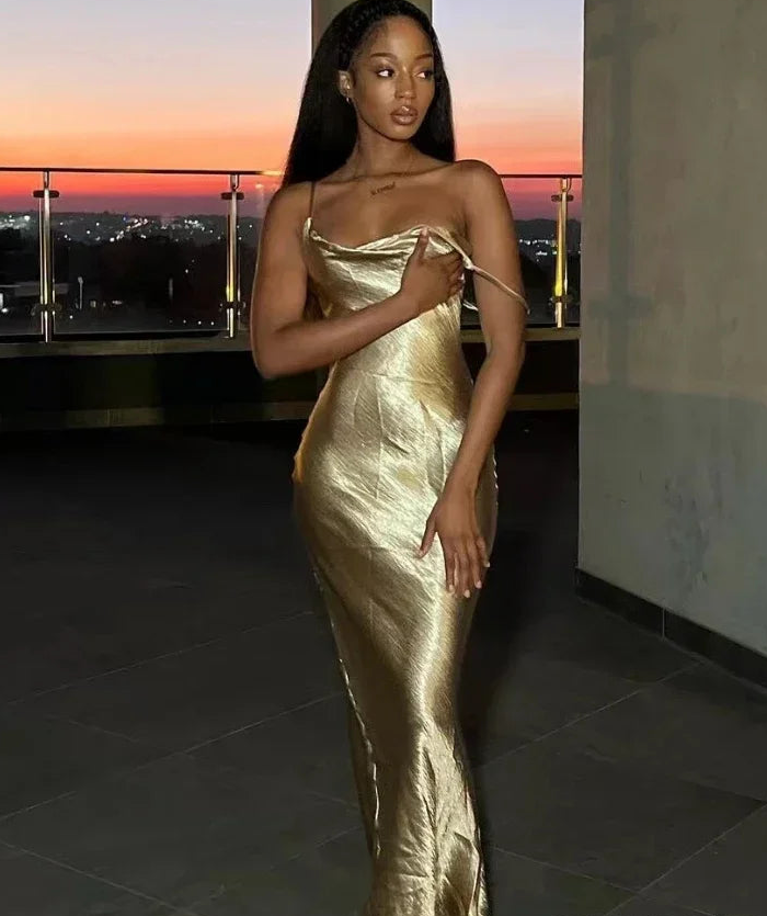 Elegant Satin Backless Maxi Dress For Women Spaghetti Strap Sleeveless Night Club Long Prom Party Dress