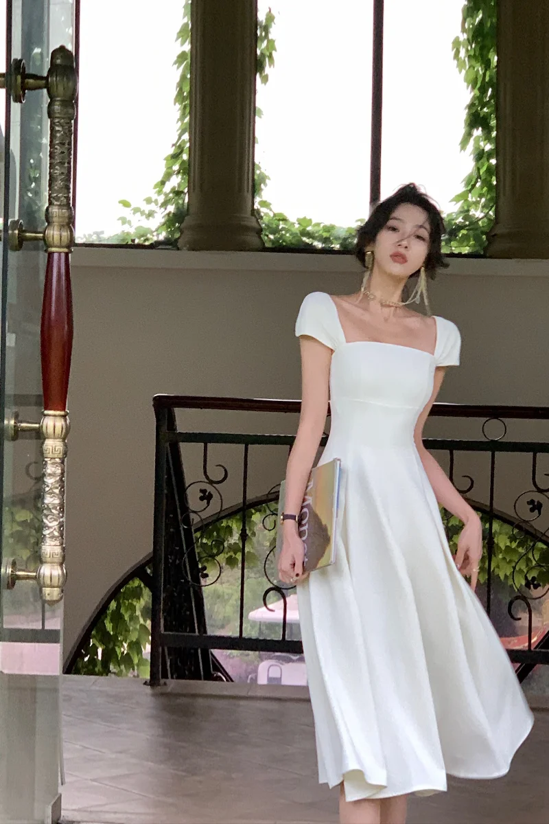 White summer dress women chic elegant square neck evening birthday party midi dress