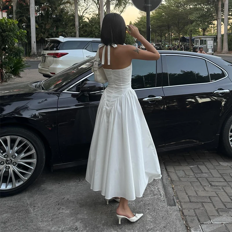 Solid Color Women's V-Neck Evening Dress Sleeveless Halter Chic Dress For Women