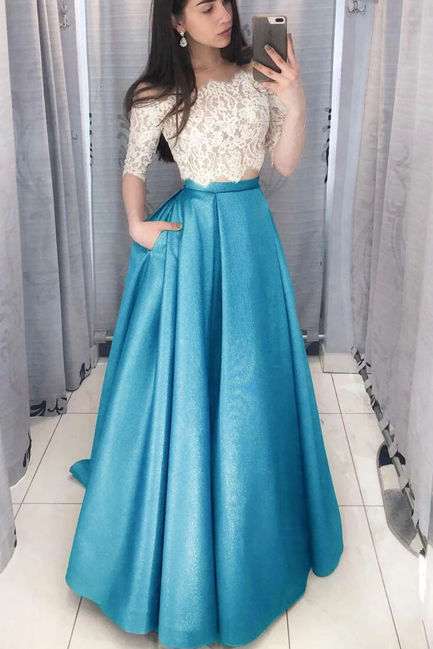 Two Piece Long Prom Dress with White Lace Top