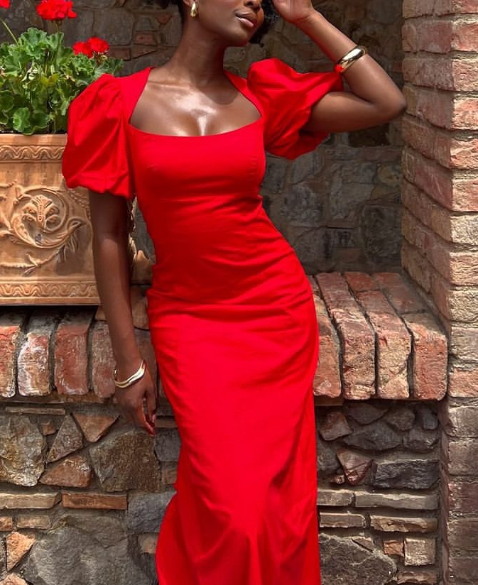 Sexy Puff Sleeves Gown Red Party Prom Evening Dress