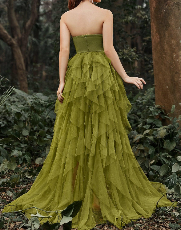 Elegant Lace Bodice Split Ruffle Layered Prom Dress