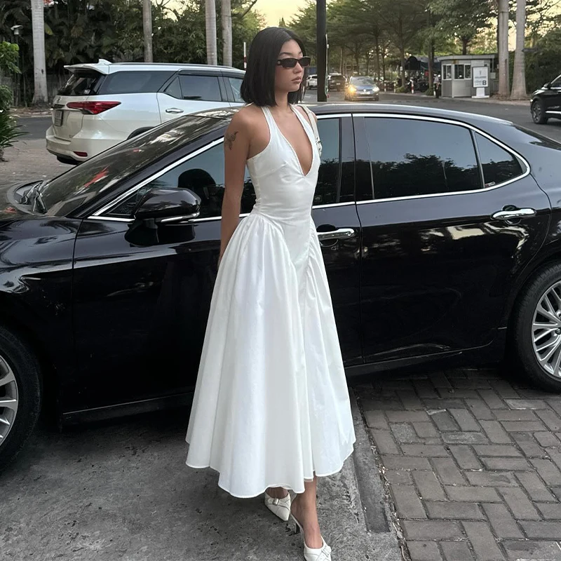 Solid Color Women's V-Neck Evening Dress Sleeveless Halter Chic Dress For Women