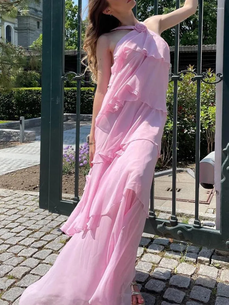 Women's Elegant 3D Flower Halter Neck Long Prom Dress Ruffled Tiered Dress