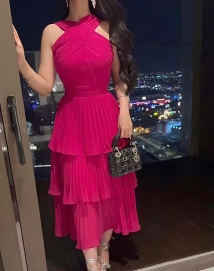 Fuchsia long pleated evening dress, cocktail dress, special occasion dress