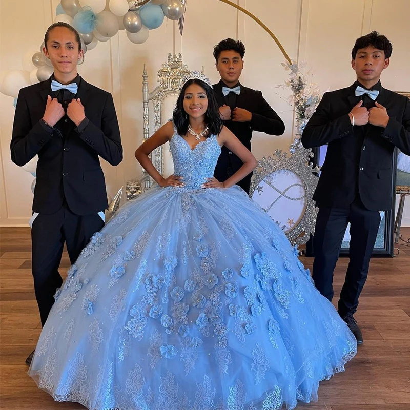 Blue Off Shoulder Dress 15th 3D Floral Formal Birthday Luxury Ball Gown