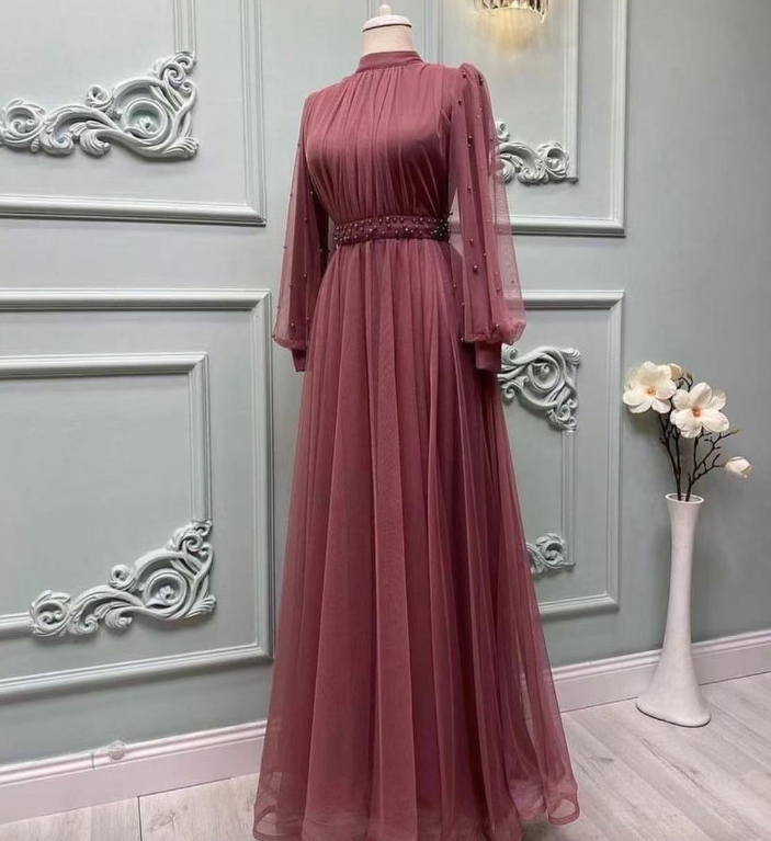 Long Sleeve Prom Dresses, A Line Prom Dresses, Tulle Evening Dresses, Sexy Prom Dresses, Evening Gowns With Pearls