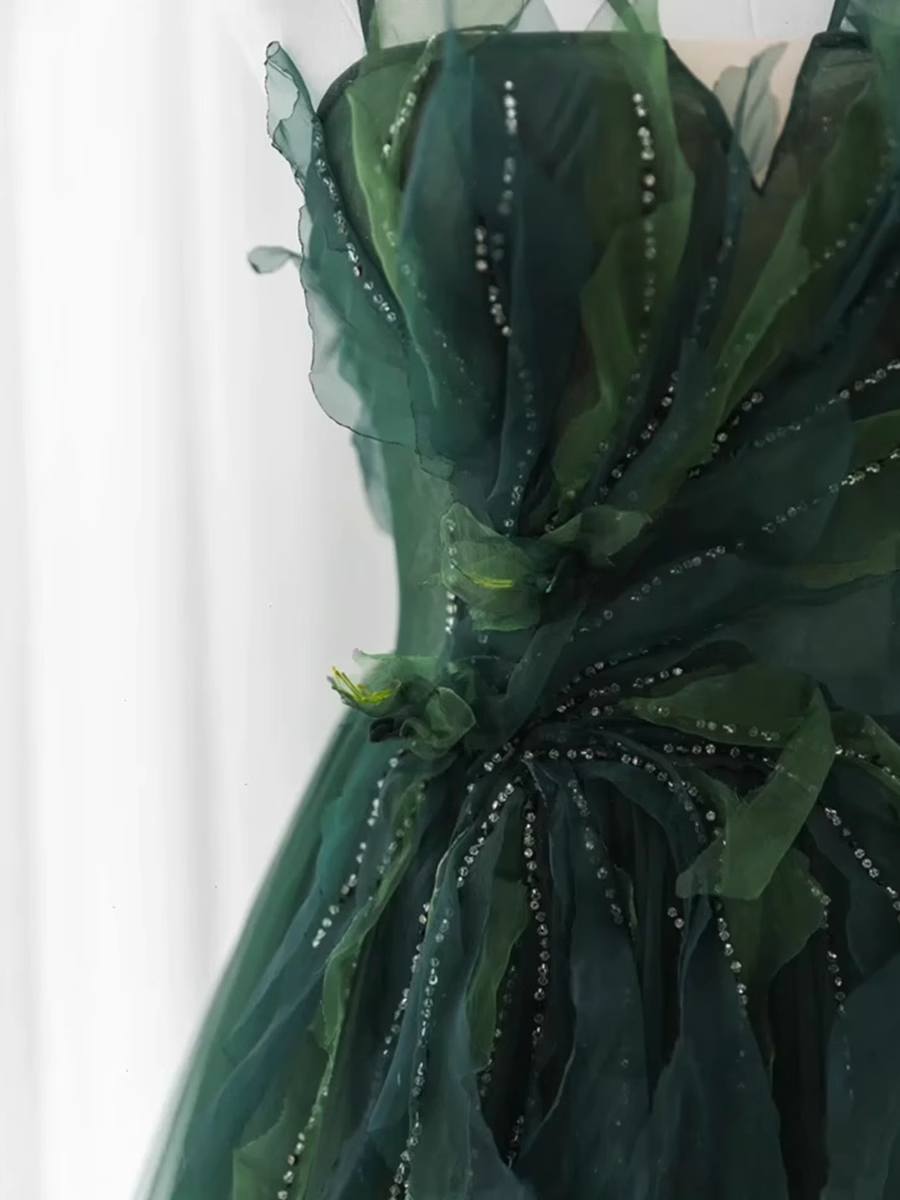 Ball Gown Spaghetti Straps Floor Length Dark Green Long Prom Dresses