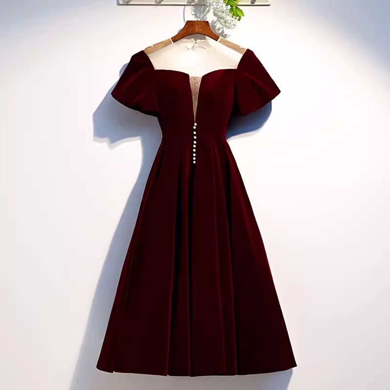 Simple A line Short Sleeves Velvet Red Bridesmaid Dress