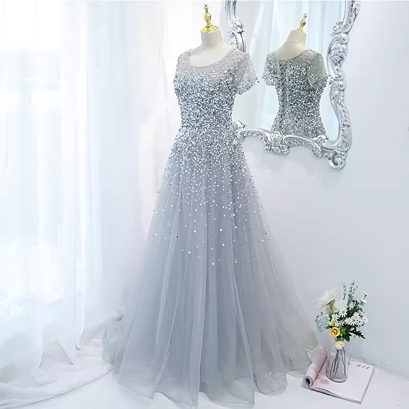 Sparkle A line Scoop Tulle Beads Long Gray Prom Dresses