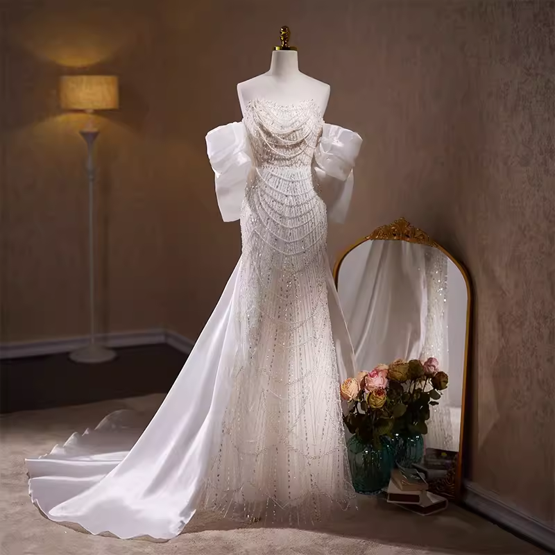 Luxury Mermaid Sweetheart Tulle Sequin White Wedding Dresses With Removable Bownot