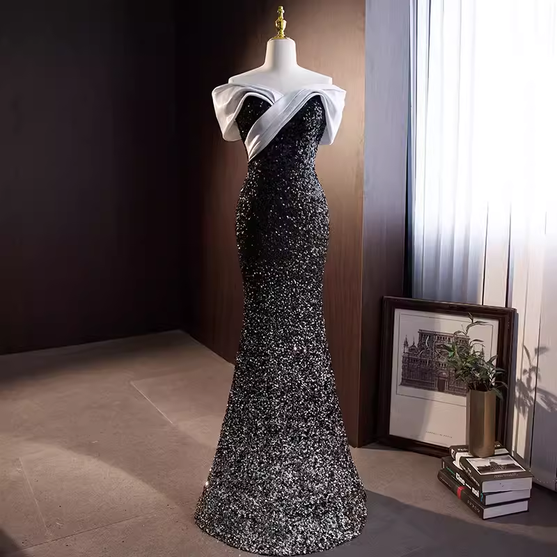 Sparkly Mermaid Off The Shoulder Sequin Black Long Prom Dresses