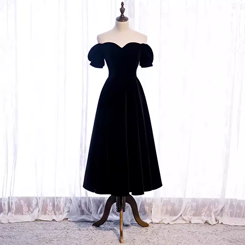 Simple A line Off The Shoulder Velvet Black Bridesmaid Dress